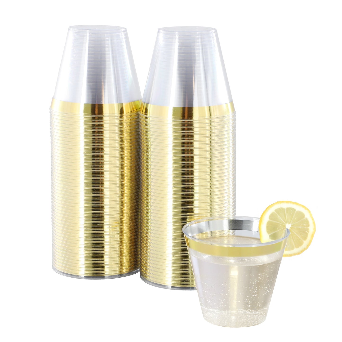 Elama 100 Piece 9 Ounce Disposable Plastic Gold Rimmed Party Cup Set W2B