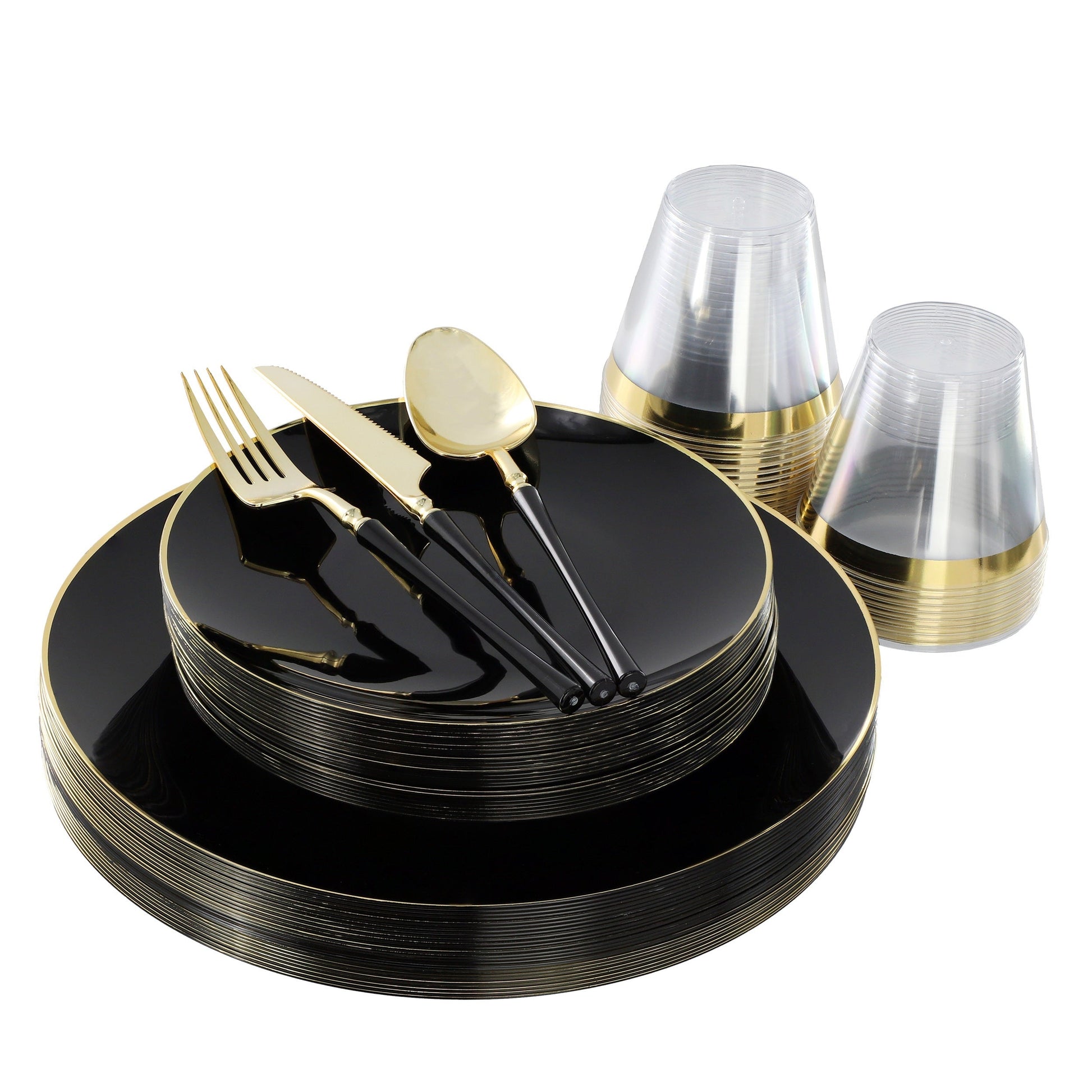 Elama 150 Piece Disposable Plastic Dinnerware Party Set for 25 Guests in Black with Gold Trim W2B