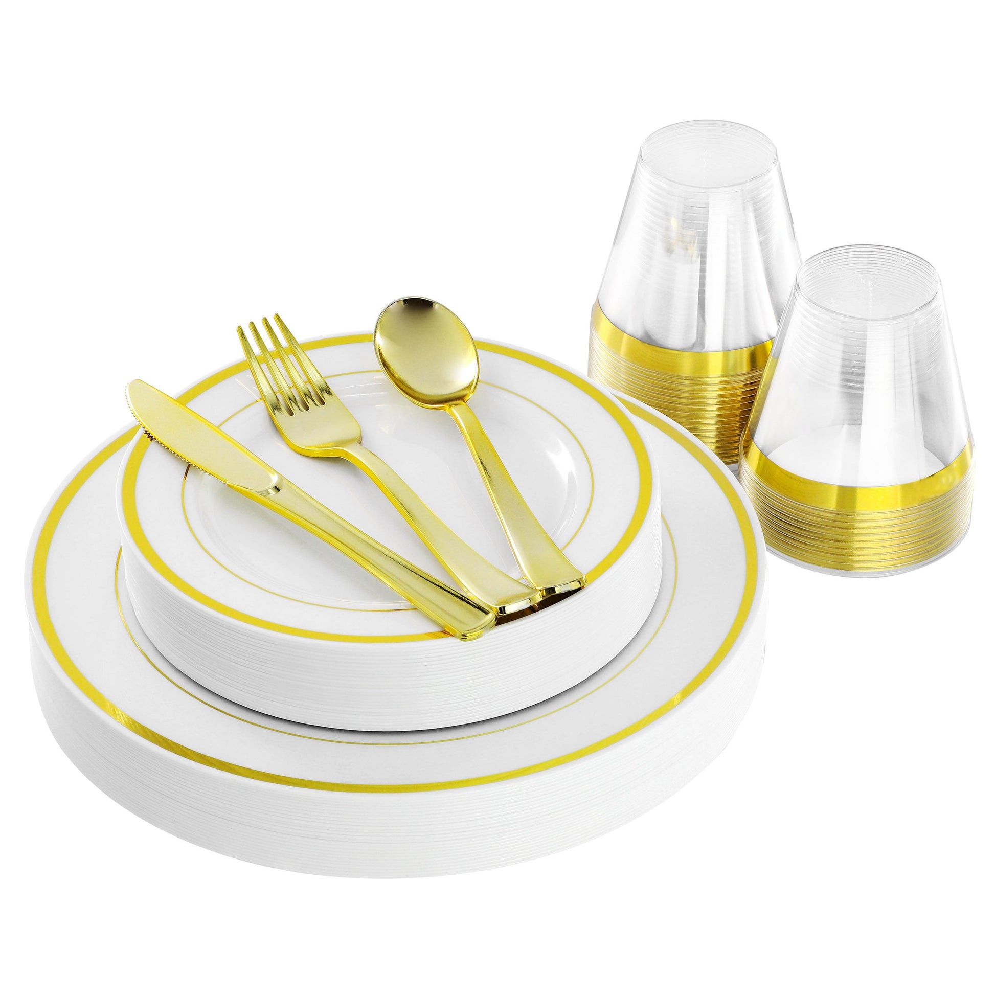 Elama 150 Piece Disposable Plastic Dinnerware Party Set for 25 Guests in White with Gold Trim W2B