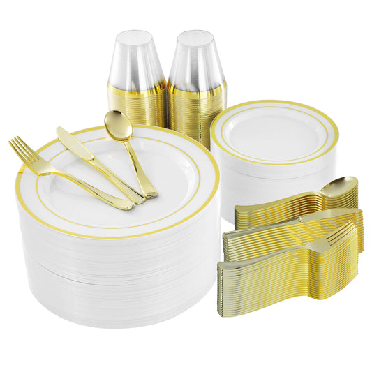 Elama 600 Piece Disposable Plastic Dinnerware Party Set for 100 Guests in White with Gold Trim W2B