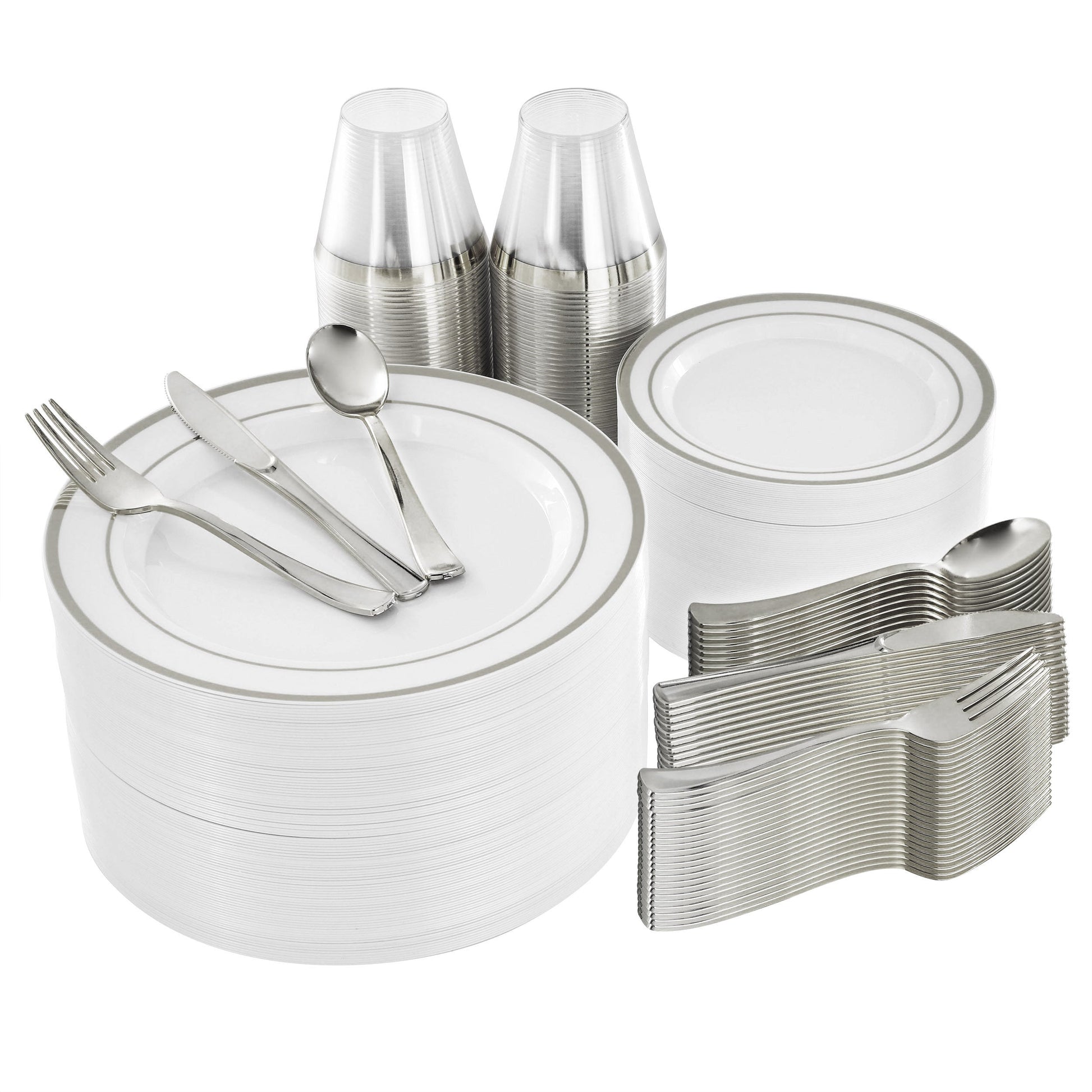 Elama 600 Piece Disposable Plastic Dinnerware Party Set for 100 Guests in White with Silver Trim W2B
