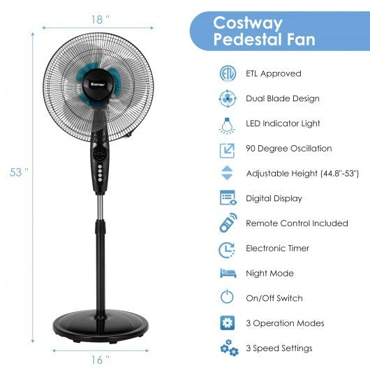 16 Inches Adjustable Height Fan with Quiet Oscillating Stand for Home and Office W2B