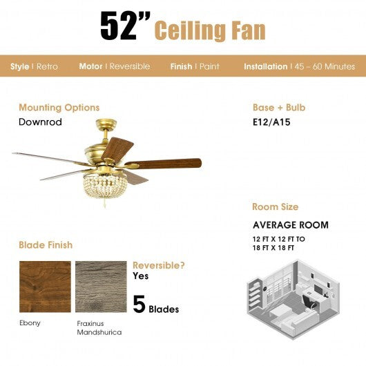 52 Inch Retro Ceiling Fan Light with Reversible Blades Remote Control-Black W2B