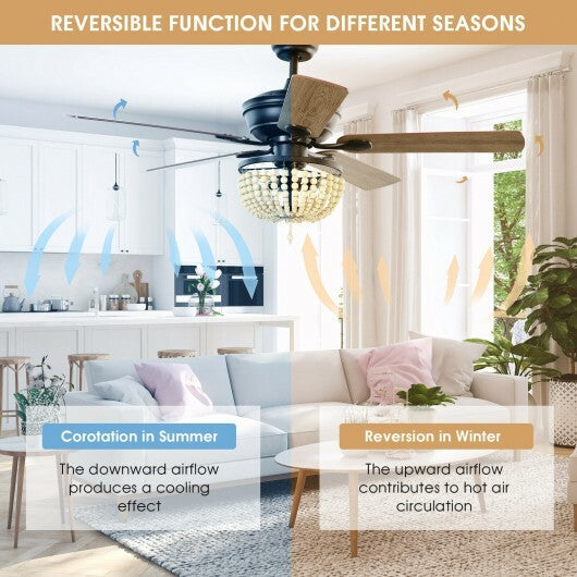 52 Inch Retro Ceiling Fan Light with Reversible Blades Remote Control-Black W2B