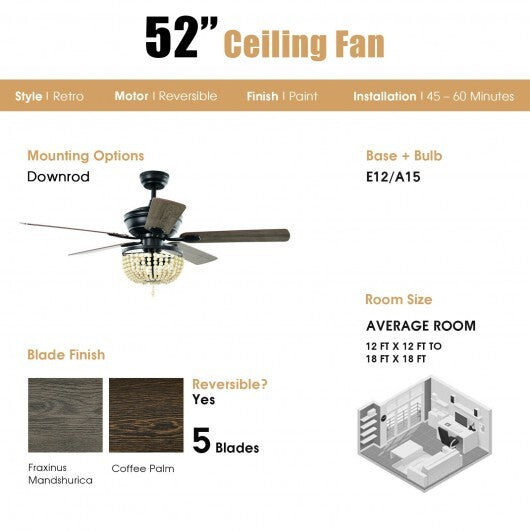 52 Inch Retro Ceiling Fan Light with Reversible Blades Remote Control-Black W2B