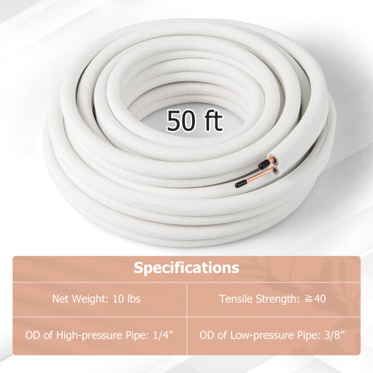 50 Feet Mini Split Line Set with 1/4 Inch and 3/8 Inch O.D. Copper Pipes Tubing