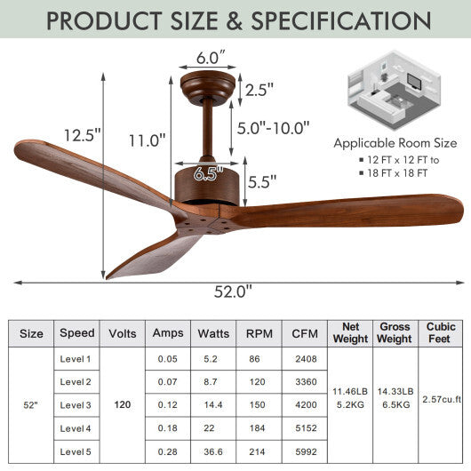 52 Inch Modern Brushed Nickel Finish Ceiling Fan with Remote Control W2B
