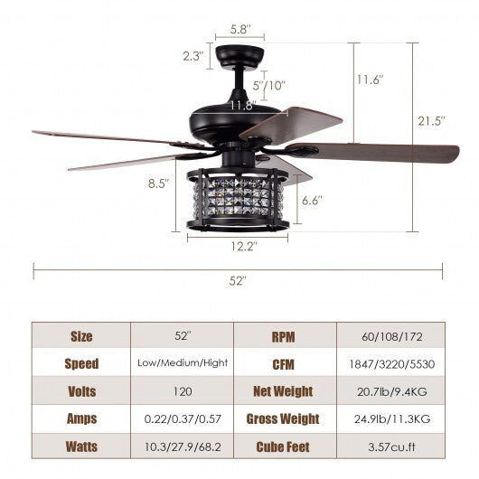 52 Inch 3-Speed Crystal Ceiling Fan Light with Remote Control-Black W2B
