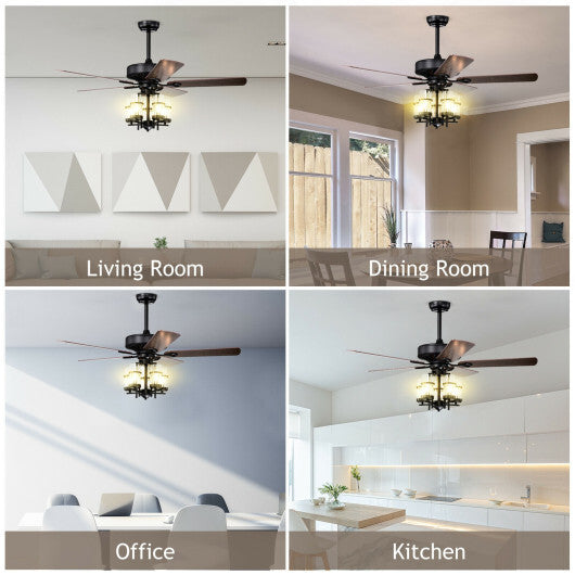 50 Inch Noiseless Ceiling Fan Light with Explosion-proof Glass Lampshades-Black W2B