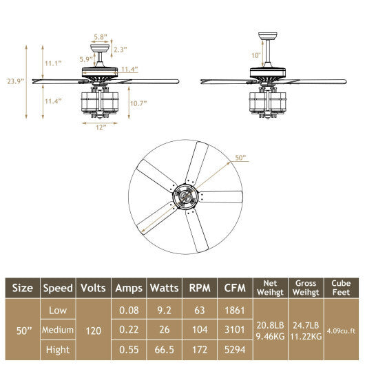 50 Inch Noiseless Ceiling Fan Light with Explosion-proof Glass Lampshades-Black W2B