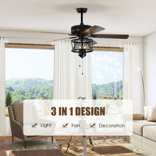 50 Inches Ceiling Fan with Lights Reversible Blades and Pull Chain Control-Black W2B