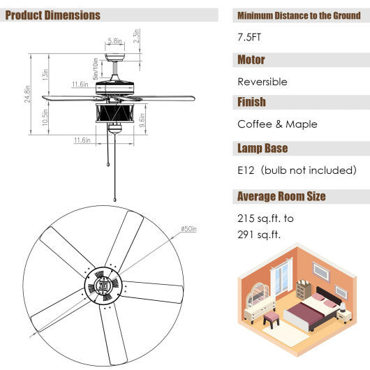 50 Inches Ceiling Fan with Lights Reversible Blades and Pull Chain Control-Black W2B