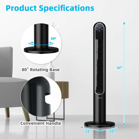42 Inch 80 Degree Tower Fan with Smart Display Panel and Remote Control-Black W2B