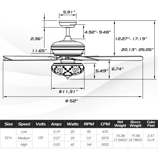 52 Inch Ceiling Fan with 3 Wind Speeds and 5 Reversible Blades-Gray - Color: Gray W2B