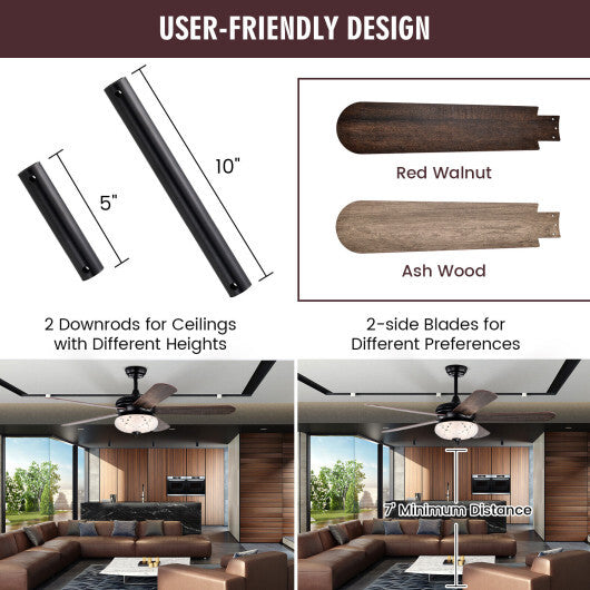 52 Inches Ceiling Fan with Remote Control-Walnut W2B