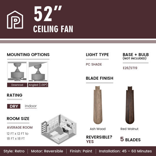 52 Inches Ceiling Fan with Remote Control-Walnut W2B