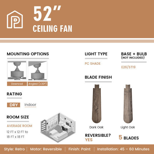 52 Inches Ceiling Fan with Remote Control-Walnut W2B