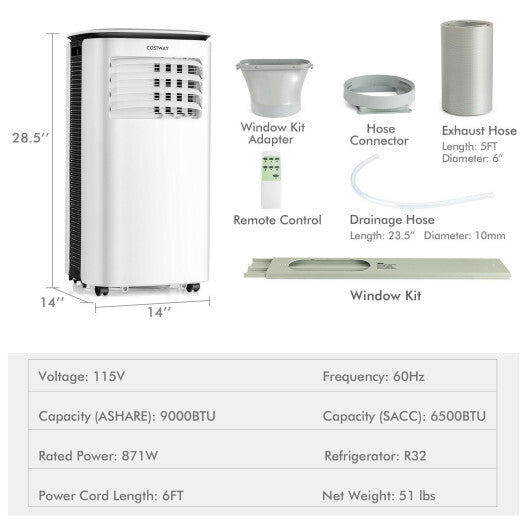 9000 BTU 3 in 1 Portable Air Conditioner with Fan and Dehumidifier-White W2B