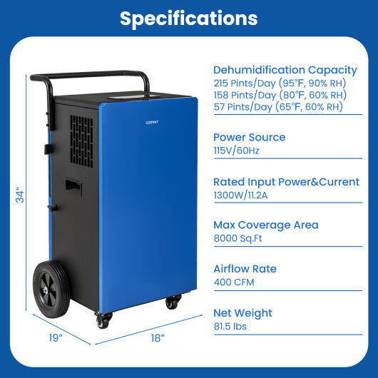 215 Pints 8000 Sq.Ft Commercial Dehumidifier For Home and Basement with 24H Timer-Blue W2B