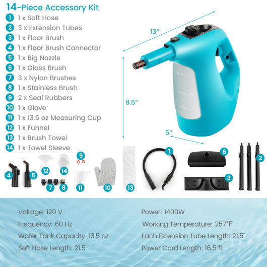 1400W Handheld Steam Cleaner with 14-Piece Accessory Kit and Child Lock-Blue W2B