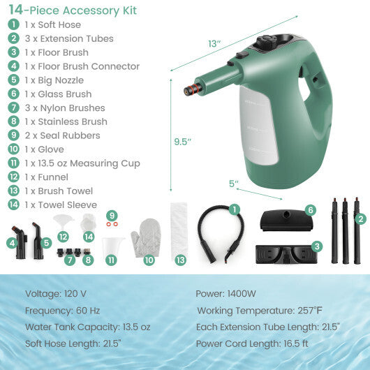 1400W Handheld Steam Cleaner with 14-Piece Accessory Kit and Child Lock-Blue W2B