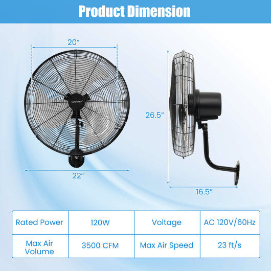 20 Inch Wall Mount Fan with 3 Fan Speeds and Adjustable Tilt Head-Black W2B