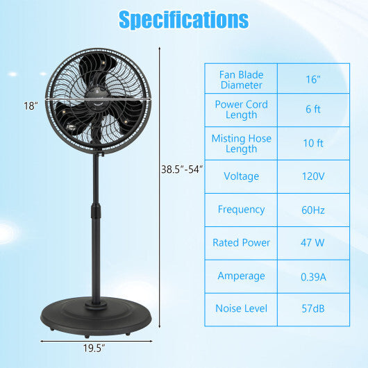 16 Inch Outdoor Misting Fan Oscillating Pedestal Fan with 3 Mist Levels-Black W2B