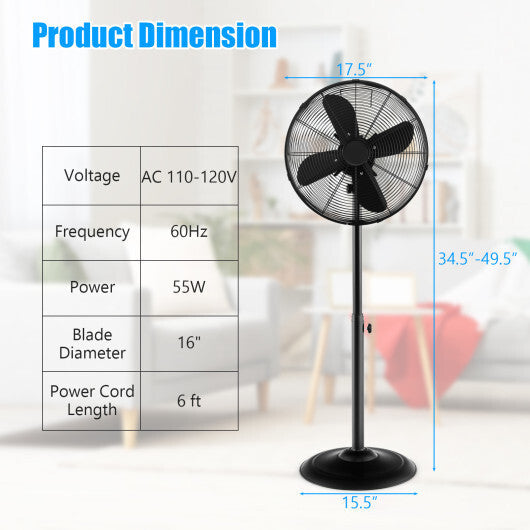 16 Inch Pedestal Standing Fan Oscillating Pedestal Fan with 3 Speeds and Adjustable Height-Black W2B
