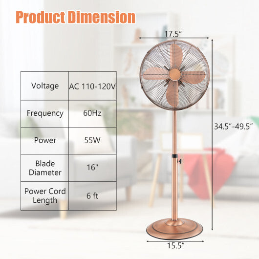 16 Inch Pedestal Standing Fan Oscillating Pedestal Fan with 3 Speeds and Adjustable Height-Black W2B