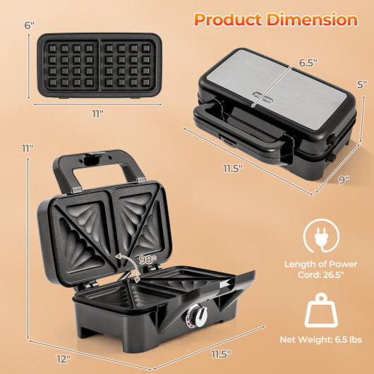 3-in-1 1082W Sandwich Maker with Removable Non-Stick Plates-Black W2B