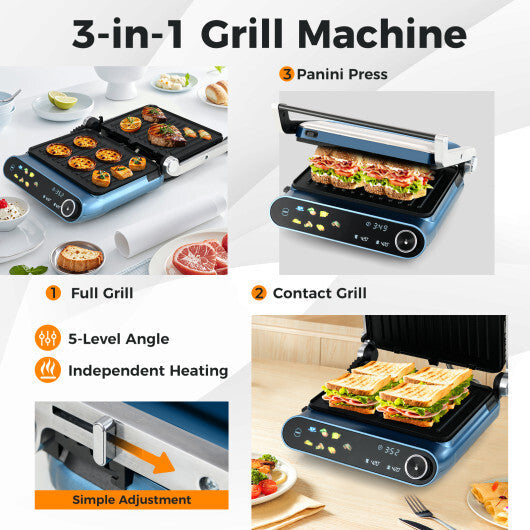 1200W Panini Press Grill with LED Display and 7 Grilling Modes-Blue W2B