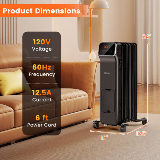 1500W Oil Filled Radiator Heater with Remote Control 3 Modes 24H Timer-Black W2B