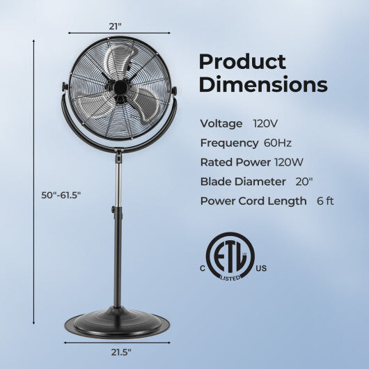 20 Inches High Velocity Pedestal Fan with 3 Speeds and Adjustable Height-Black W2B