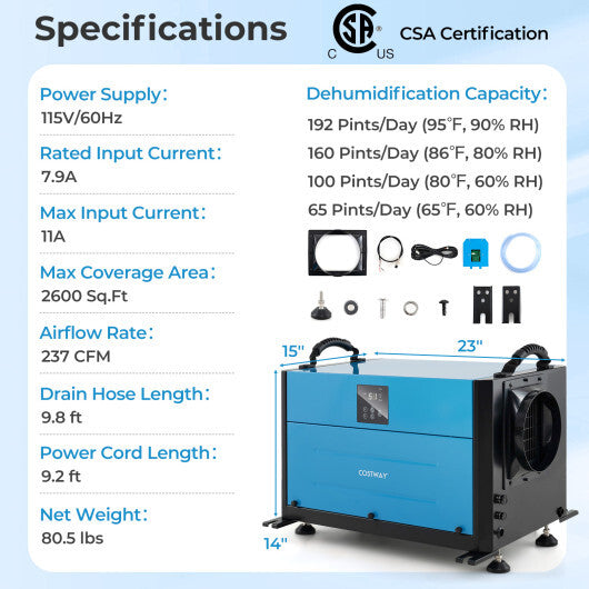 192 Pint Crawl Space Dehumidifier with 3 Modes and 24H Timer-Blue W2B