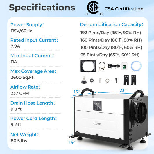192 Pint Crawl Space Dehumidifier with 3 Modes and 24H Timer-Blue W2B