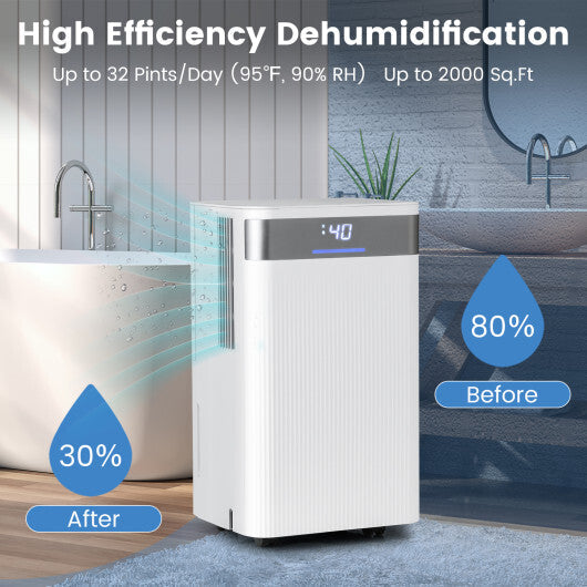 32 Pints 2000 Sq.ft Quiet Dehumidifier for Home with 3 Modes-White W2B