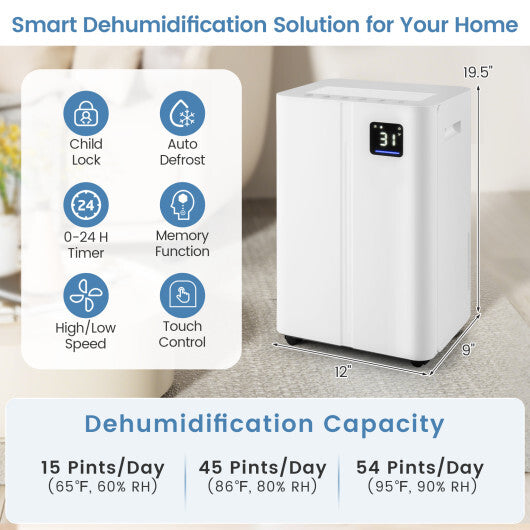 4500 Sq.Ft 54 Pints Dehumidifier with 3 Modesfor Home and Basement-White W2B