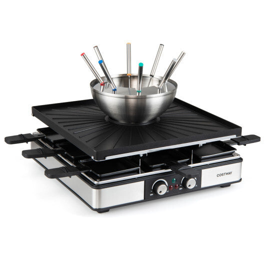 BBQ Grill with Fondue Pot Set and Adjustable Thermostats for 8 People W2B