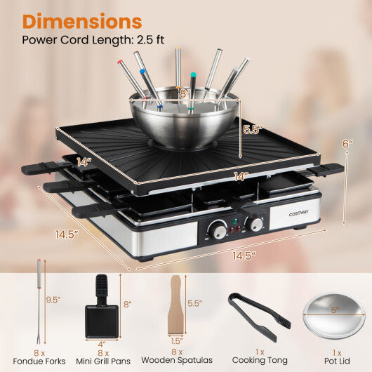 BBQ Grill with Fondue Pot Set and Adjustable Thermostats for 8 People W2B