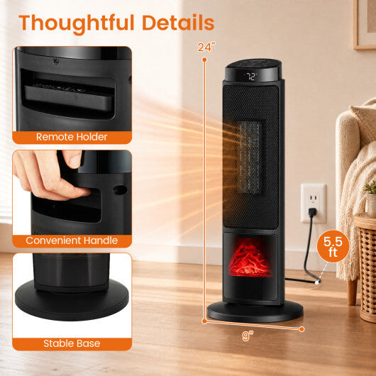 24 inch 1500W PTC Ceramic Tower Space Heater with 7-Color Flame-Black W2B