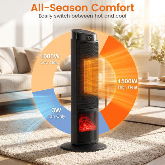 24 inch 1500W PTC Ceramic Tower Space Heater with 7-Color Flame-Black W2B