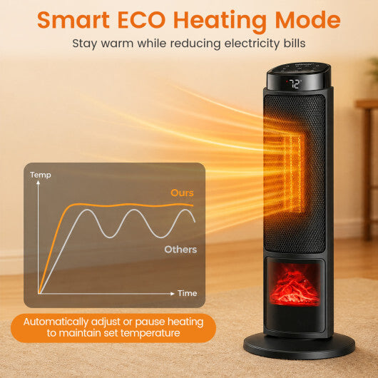 24 inch 1500W PTC Ceramic Tower Space Heater with 7-Color Flame-Black W2B