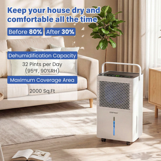 2000 Sq.Ft 32 Pint Compressor Dehumidifier with Drain Hose  Smart Humidity Control for Bedroom-White W2B