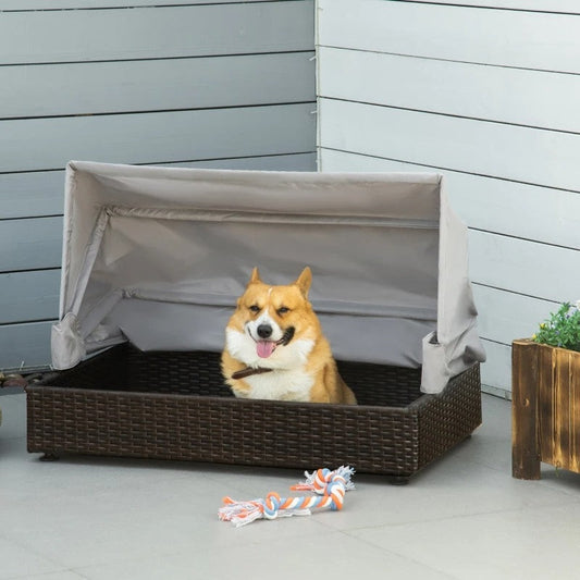 Espresso Wicker Foldable Canopy Raised Dog Bed House with 2 in Thick Cushion FastFurnishings