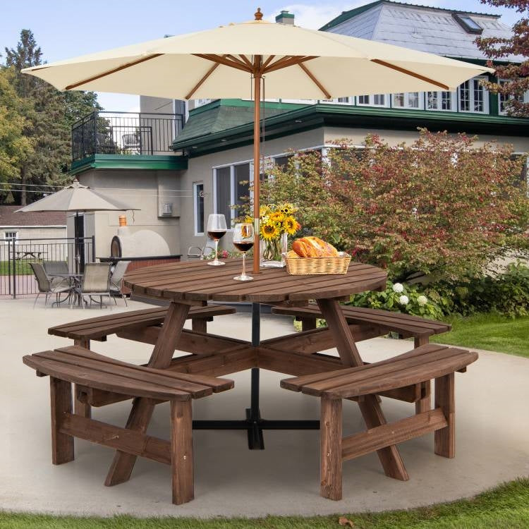 Espresso Wooden 8 Seater Picnic Table Umbrella Hole-1