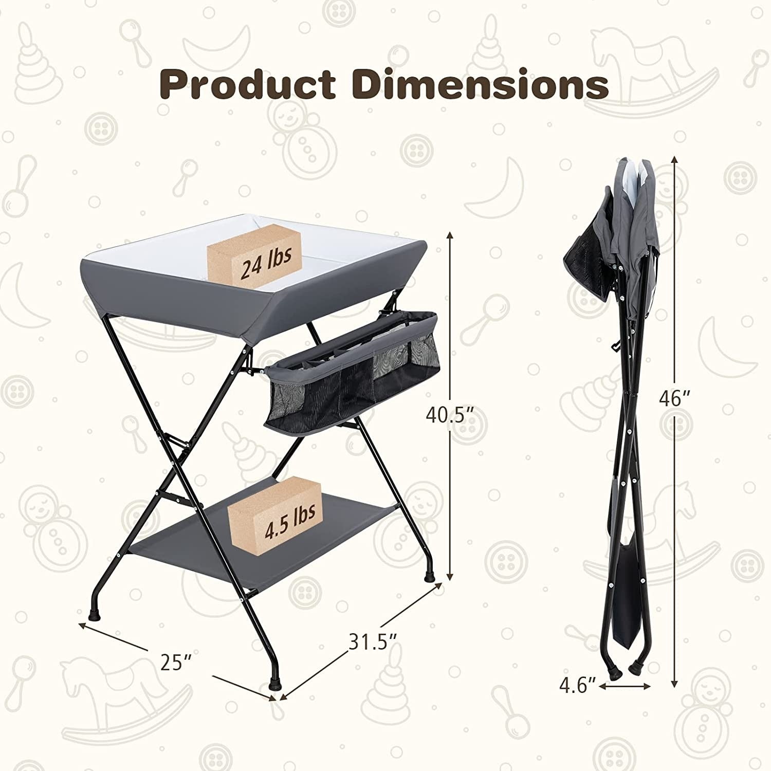 Grey Folding  Wide Nursery Diaper Baby  Changing Table FastFurnishings
