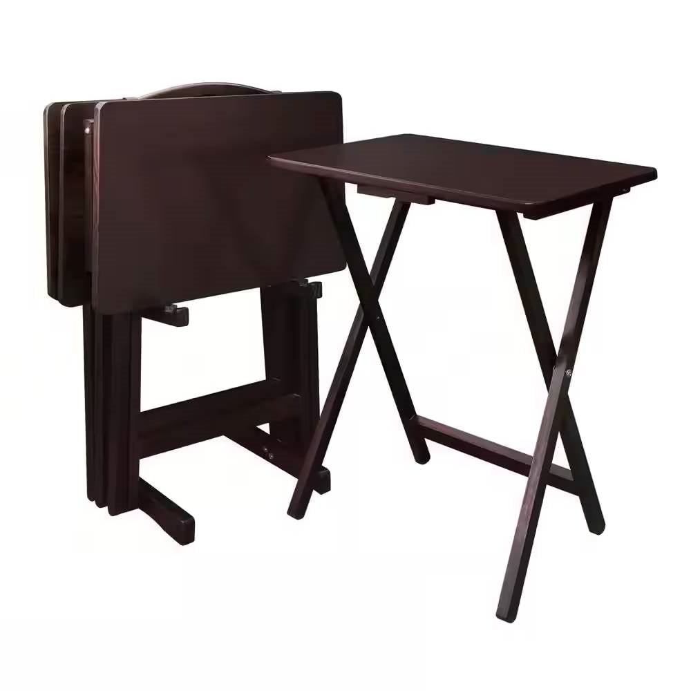 Set of 4 - Folding TV Tray Table Set with Stand in Dark Brown Wood Finish FastFurnishings