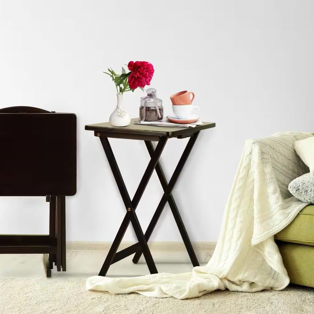 Set of 4 - Folding TV Tray Table Set with Stand in Dark Brown Wood Finish FastFurnishings