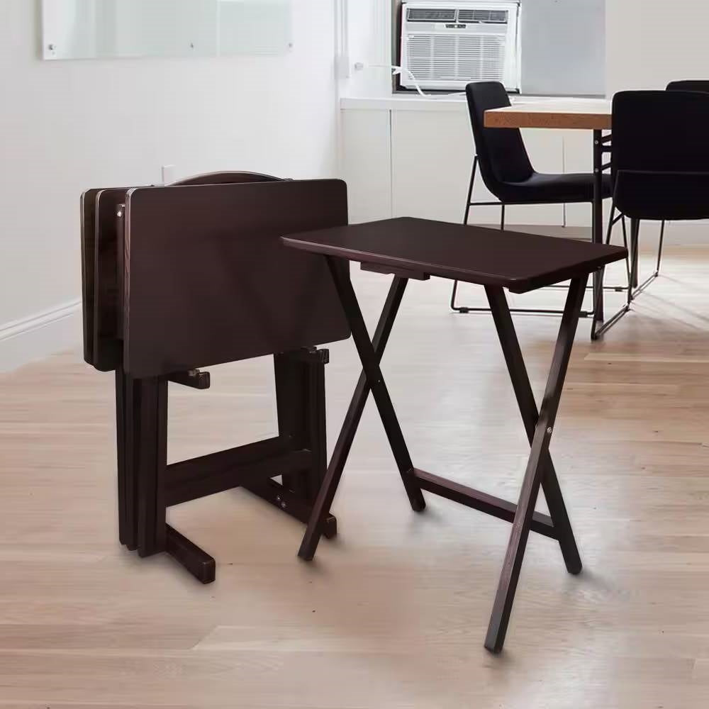Set of 4 - Folding TV Tray Table Set with Stand in Dark Brown Wood Finish FastFurnishings