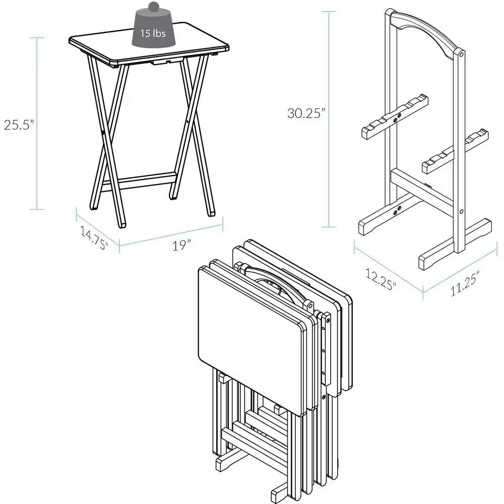 Set of 4 - Folding TV Tray Table Set with Stand in Dark Brown Wood Finish FastFurnishings